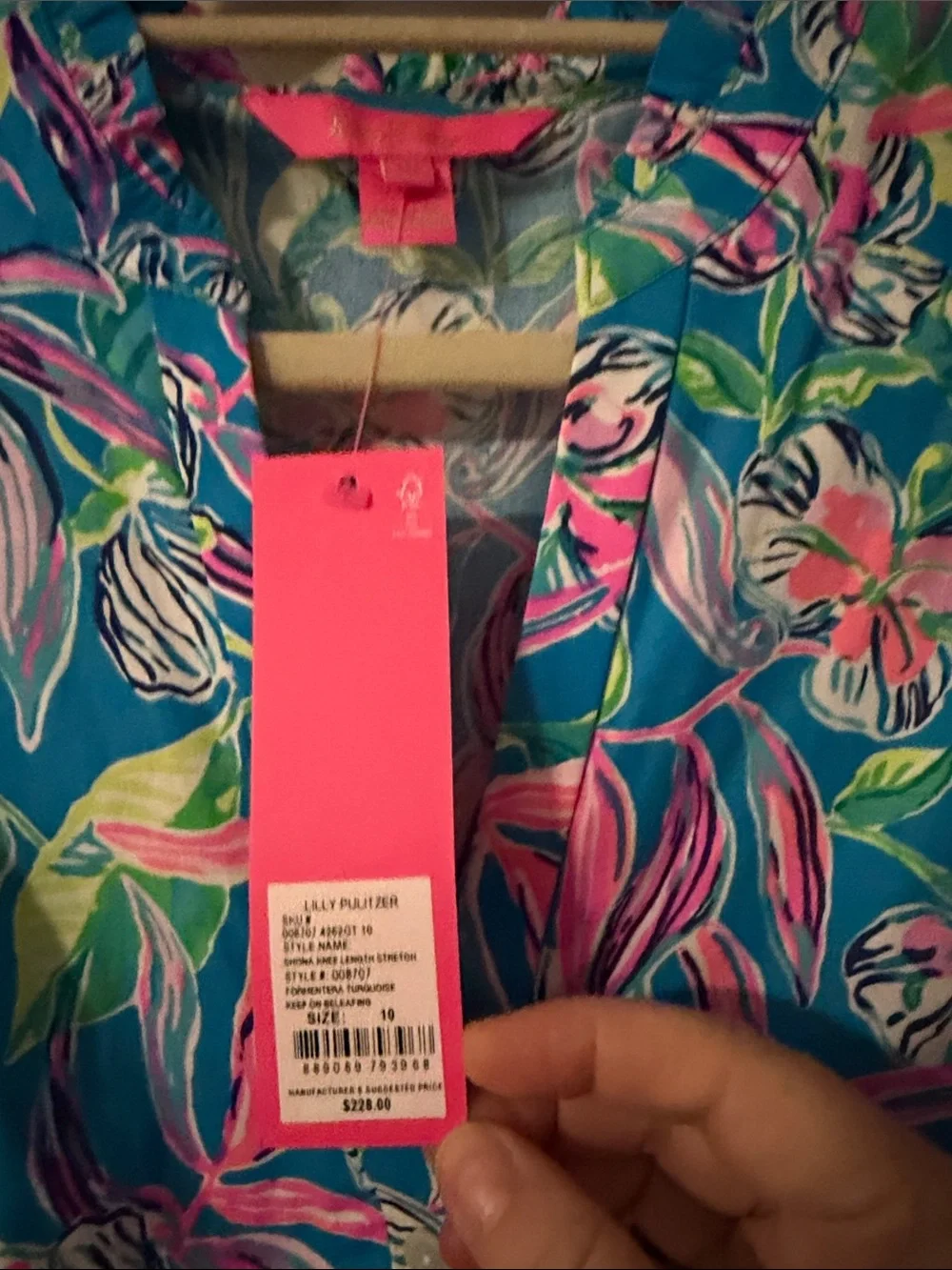 Lilly Pulitzer Turquoise Floral Midi Dress with Pink & Lime Leaves - Picture 2 of 5
